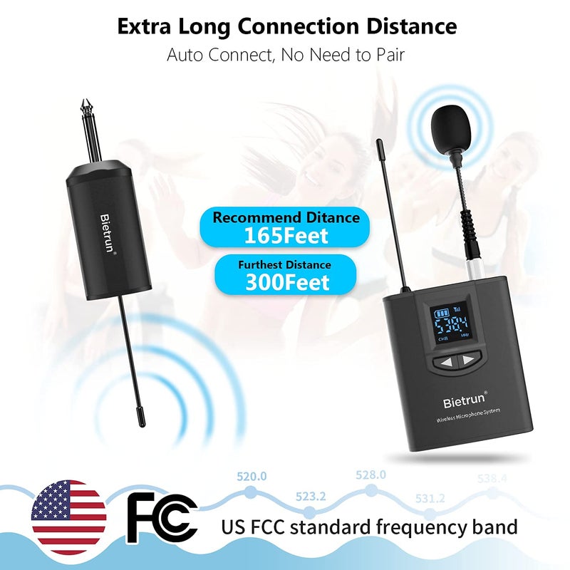 Bietrun UHF Wireless Lavalier Lapel Microphone System/Headset Mic/Stand Mic, 165ft Range, Rechargeable Transmitter Receiver, 1/4" Output, for iPhone,Android,PA Speaker,DSLR Camera,YouTube, Recording - Image 2